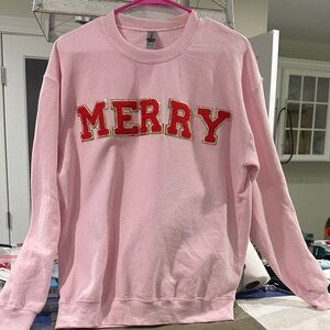 Gildan Pink Sweatshirt with Red and Gold 'MERRY'